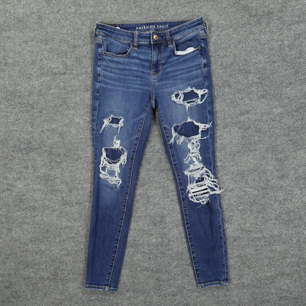 American‎ Eagle Jeans Womens 4 Short Blue Next Level Stretch Heavy Distressed